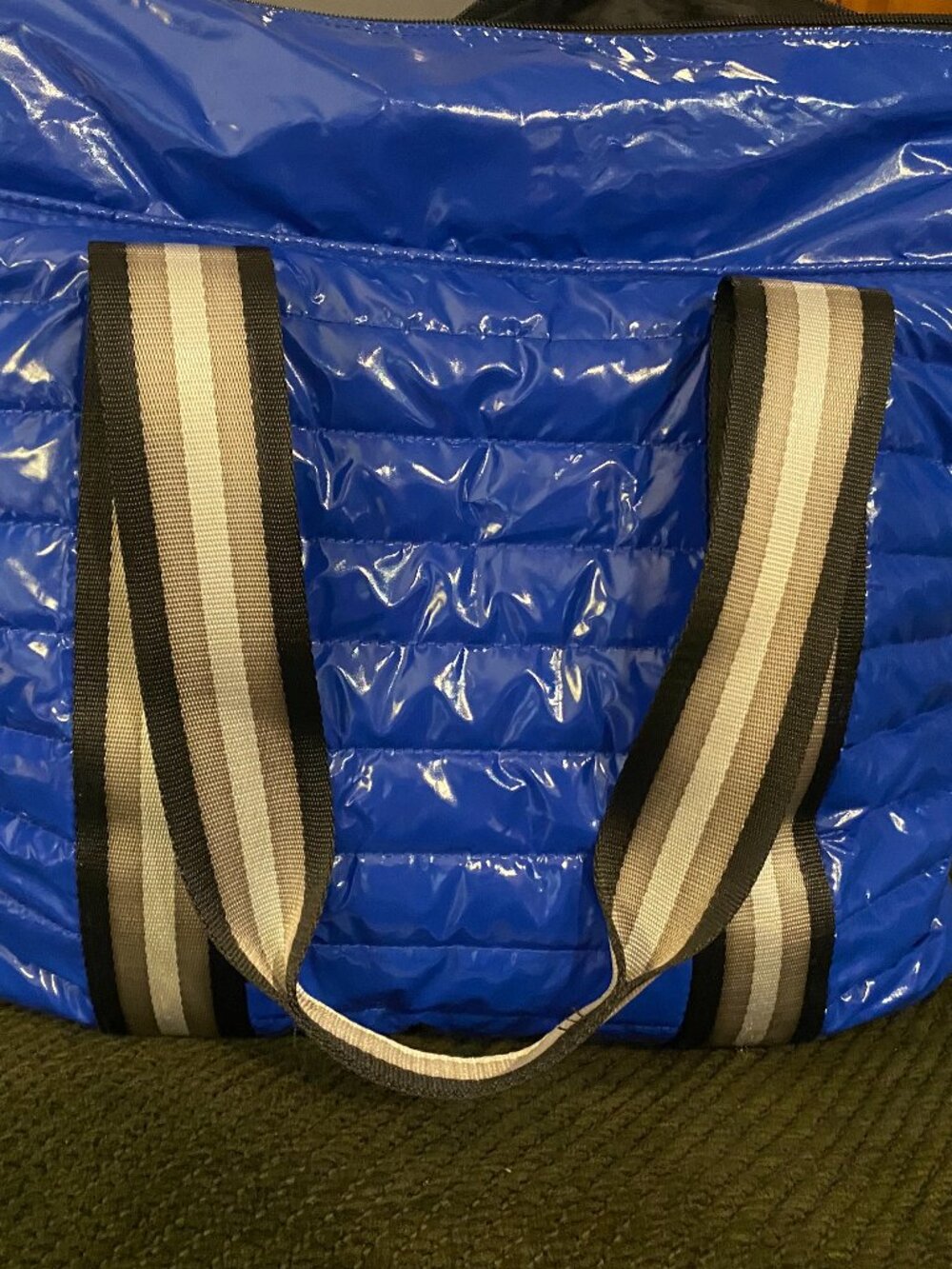 Think Royln Patent Wingman Puffer Tote Large Cobalt Blue Travel Shoulder Bag